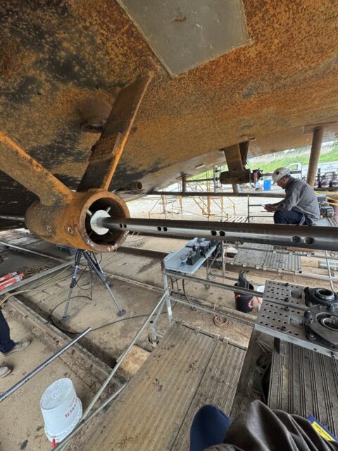 Laser aligned boring bar installed through rudder tube assembly.