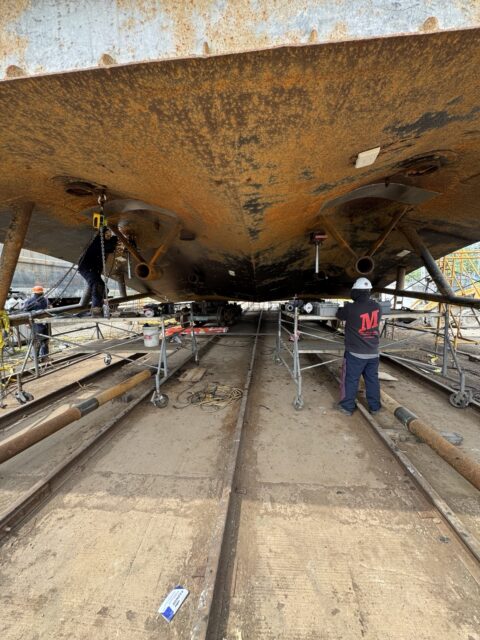 Marine rudder tube machining project using portable line boring equipment.
